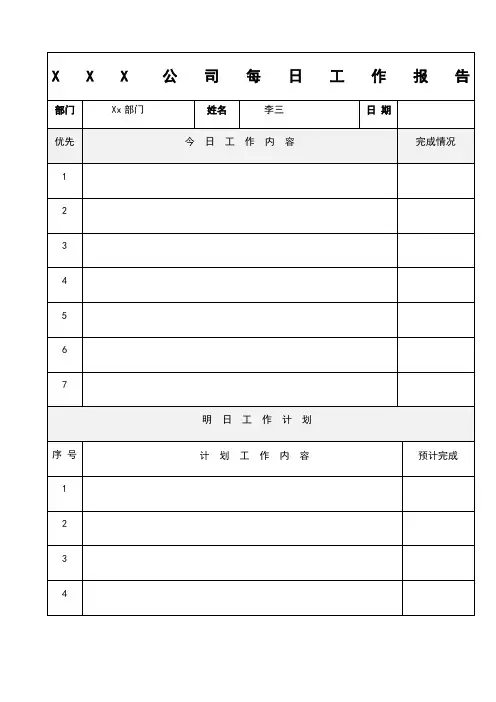 每日工作汇报表格