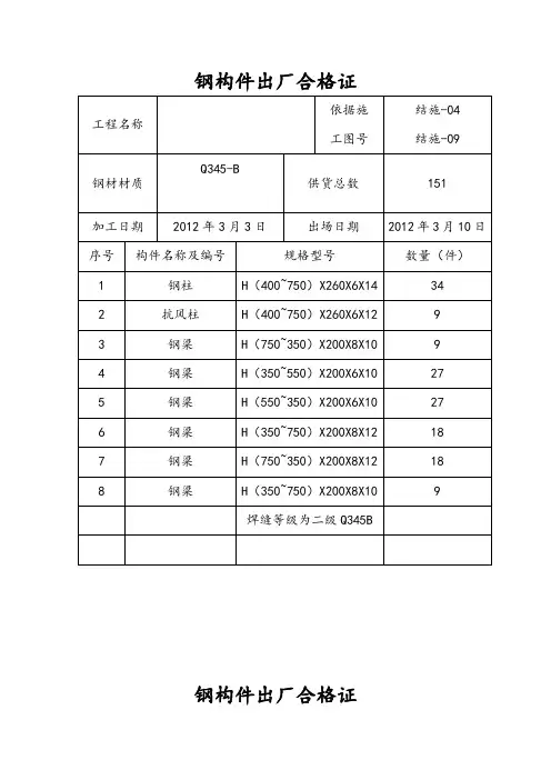 钢构件出厂合格证