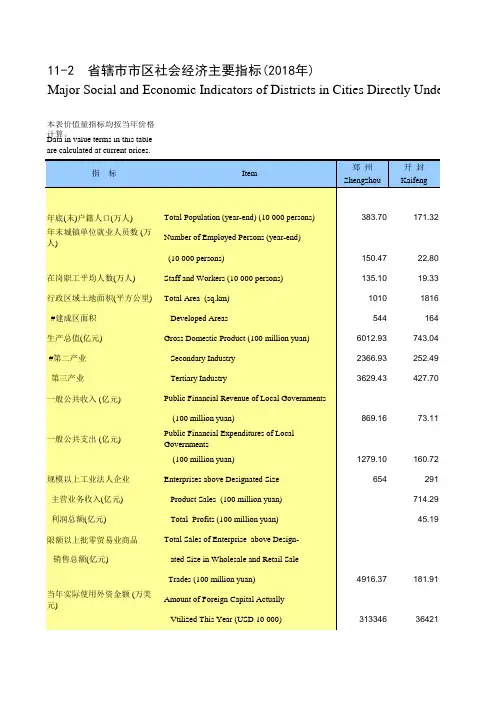 河南：11-2 省辖市市区社会经济主要指标(2018)郑州开封洛安南信濮阳新乡焦作许昌周口平顶鹤壁漯河三门商丘