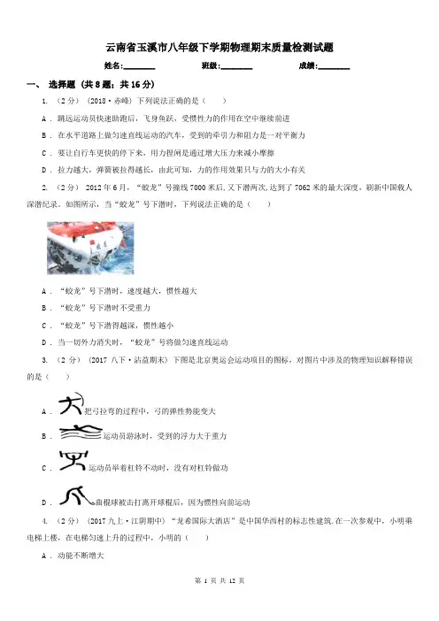 云南省玉溪市八年级下学期物理期末质量检测试题