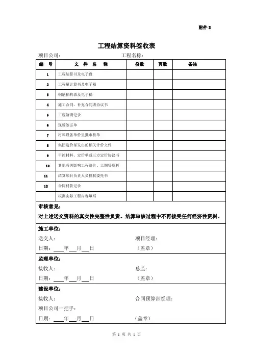 工程结算资料签收表