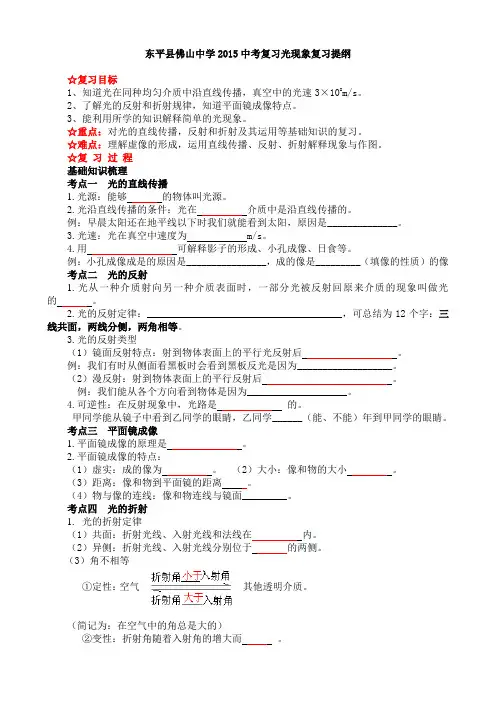 2015中考光现象复习导学案