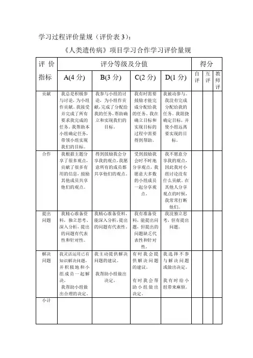 学习过程评价量规