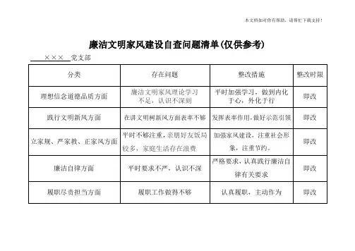 廉洁文明家风建设自查问题清单