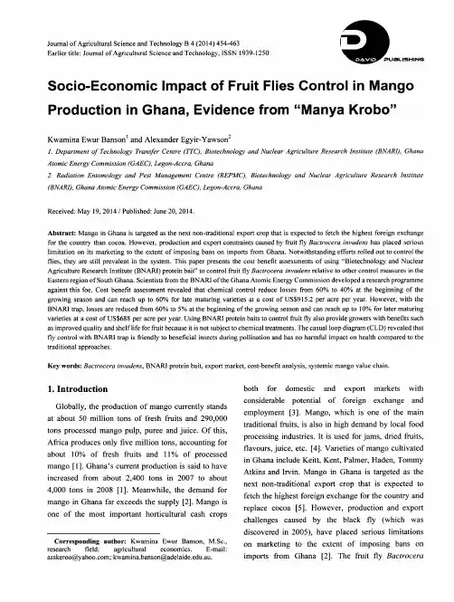 Socio-Economic Impact of Fruit Flies Control in Mango Production in Ghana, Evidence from