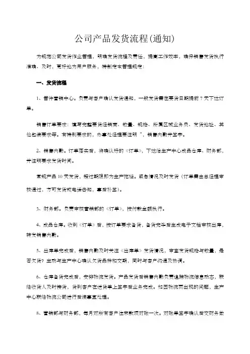 公司产品发货流程 通知 