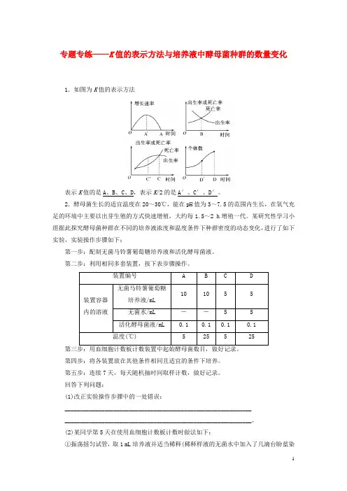 2017届高考生物一轮总复习专题专练K值的表示方法与培养液中酵母菌种群的数量变化(必修3)