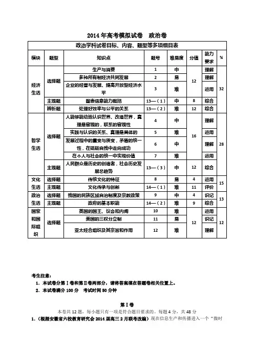 浙江省杭州市萧山区2014年高三政治命题比赛试卷集20 Word版含答案