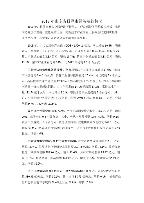 2013年山东省日照市经济运行情况