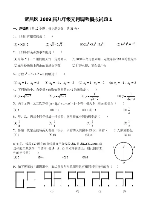 武昌区九年级元月调考模拟数学试题(一)(word版)