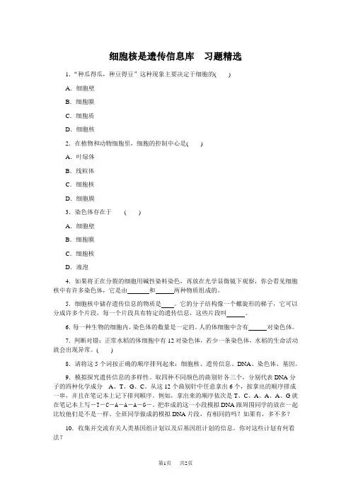 初中七年级(初一)生物  细胞核是遗传信息库习题精选