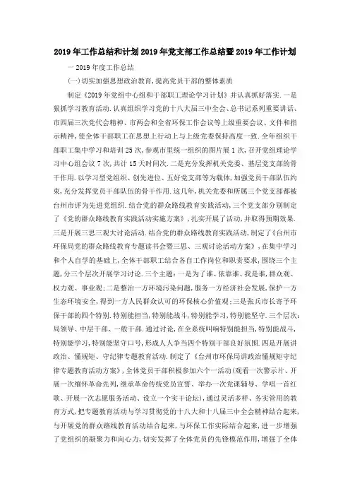 2019年工作总结和计划 2019年党支部工作总结暨2019年工作计划 精品