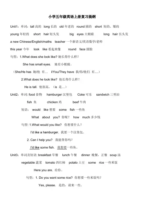 湘少版五年级上英语期末复习