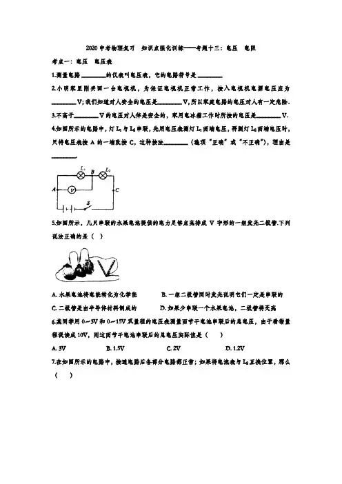 2020中考物理复习  知识点总结强化训练——专题十三：电压  电阻