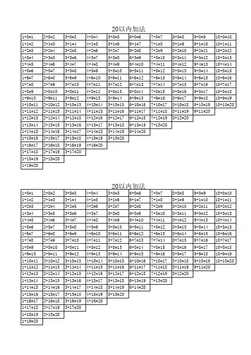 10以内_20以内加减法口诀表(A4纸)
