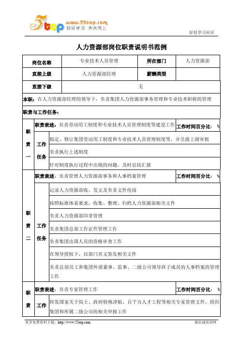 专业技术人员管理岗位职责说明书