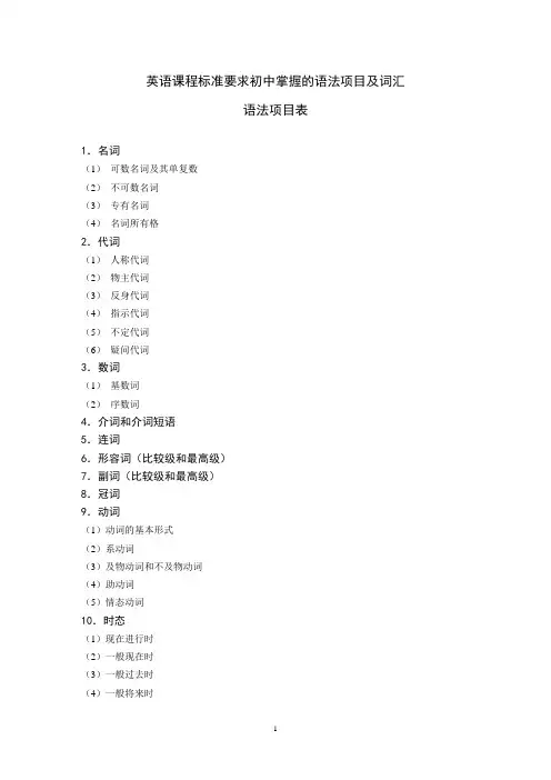 (完整版)英语课程标准要求初中掌握的语法项目及词汇