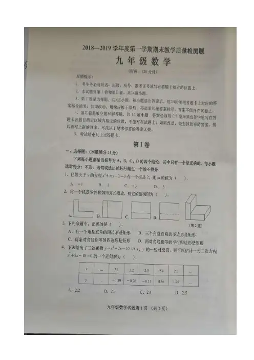 山东省青岛市西海岸、平度、胶州 2018-2019学年九年级上学期期末考试数学试题(PDF版,无答案)