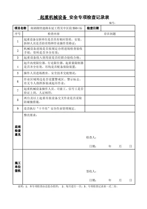 起重吊装机械设备安全检查记录表