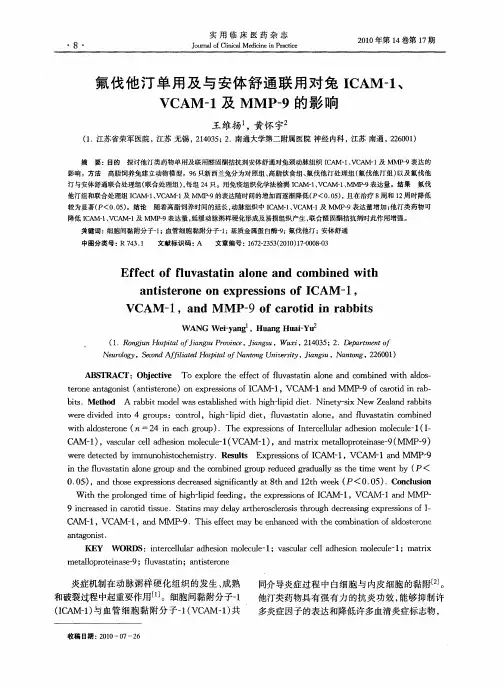 氟伐他汀单用及与安体舒通联用对兔ICAM-1、VCAM-1及MMP-9的影响