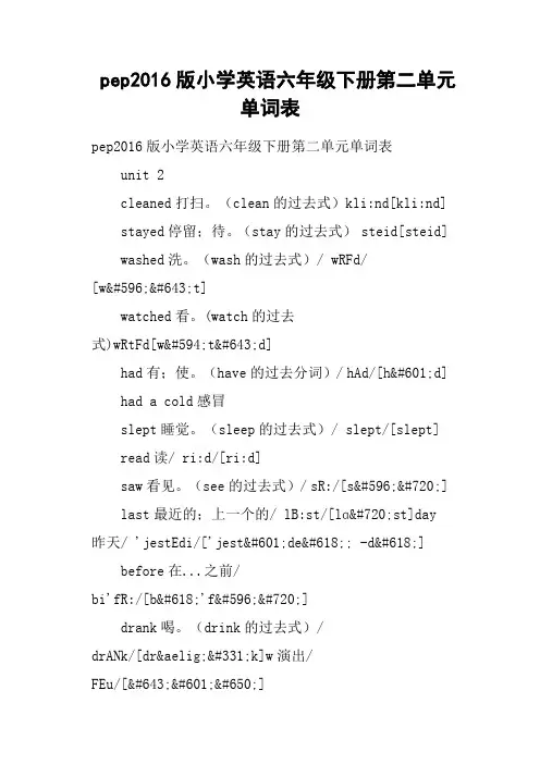 pep2016版小学英语六年级下册第二单元单词表