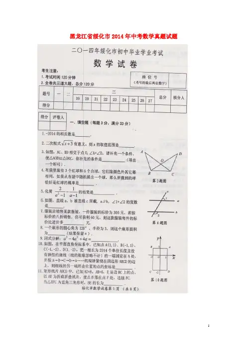 黑龙江省绥化市2014年中考数学真题试题(扫描版,含答案)