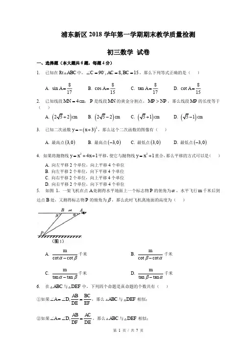 上海市2019届浦东新区中考数学一模考试试卷(含答案)