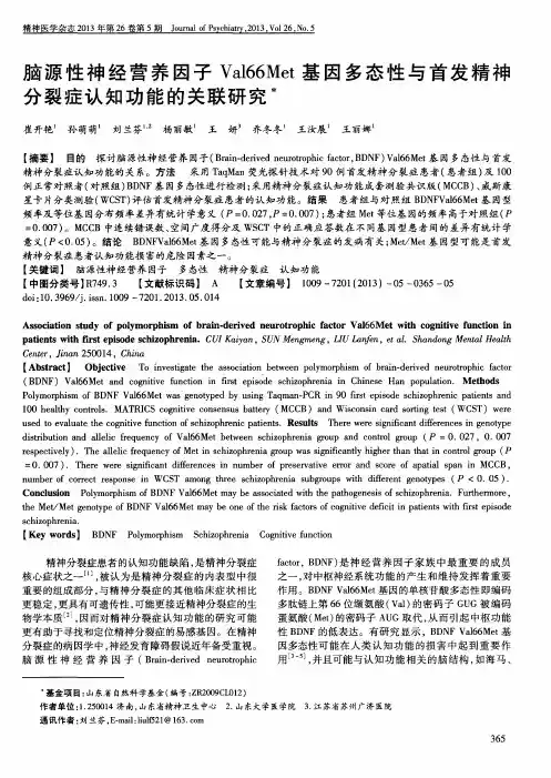 脑源性神经营养因子Val66Met基因多态性与首发精神分裂症认知功能的关联研究