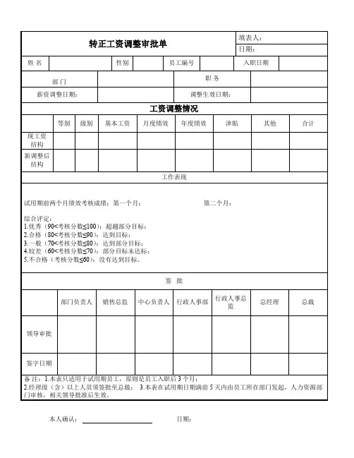 转正工资调整审批单
