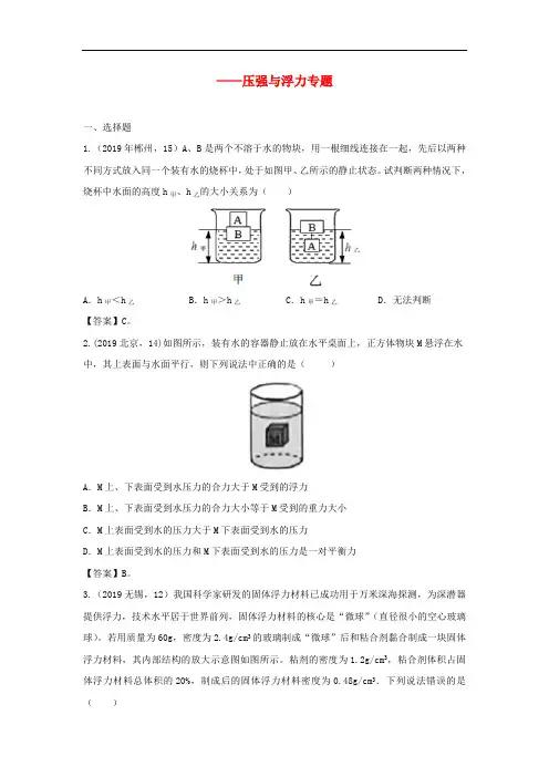 2020年中考物理试题分类汇编第02期压强与浮力专题527