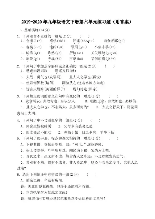 2019-2020年九年级语文下册第六单元练习题(附答案)