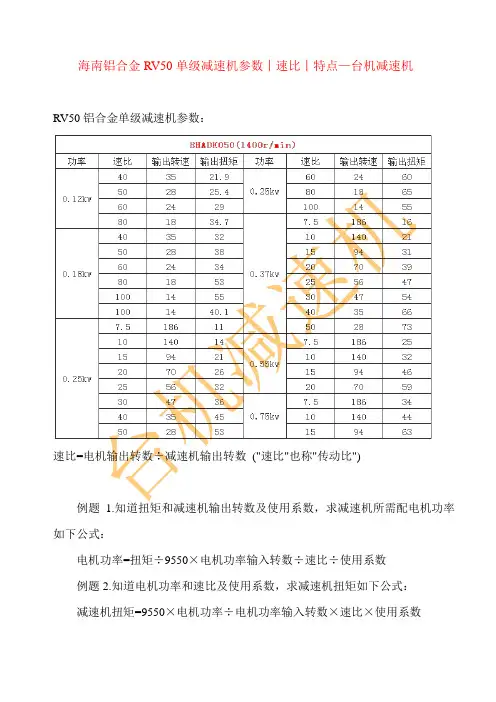 海南铝合金RV50单级减速机参数︱速比︱特点—台机减速机