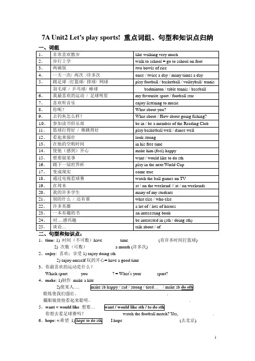牛津译林版七年级英语上册Unit2+Let’s+play+sports!+重点词组、句型和知识点归纳复习案