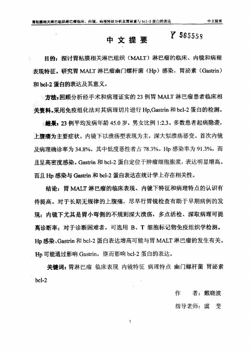 胃粘膜相关淋巴组织淋巴瘤临床、内镜、病理特征分析和胃泌素与bcl-2蛋白的表达