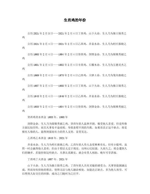 生肖鸡的年份