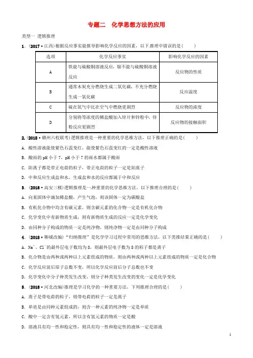 2018年中考化学总复习 专题分类突破 专题二 化学思想方法的应用训练