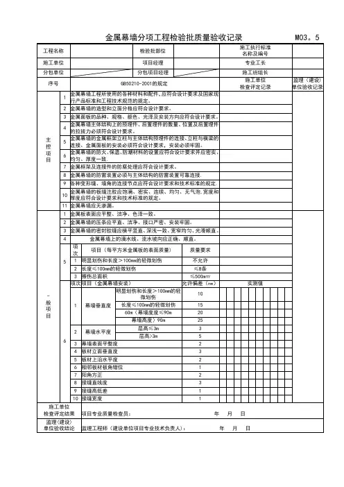 金属幕墙分项工程检验批质量验收记录