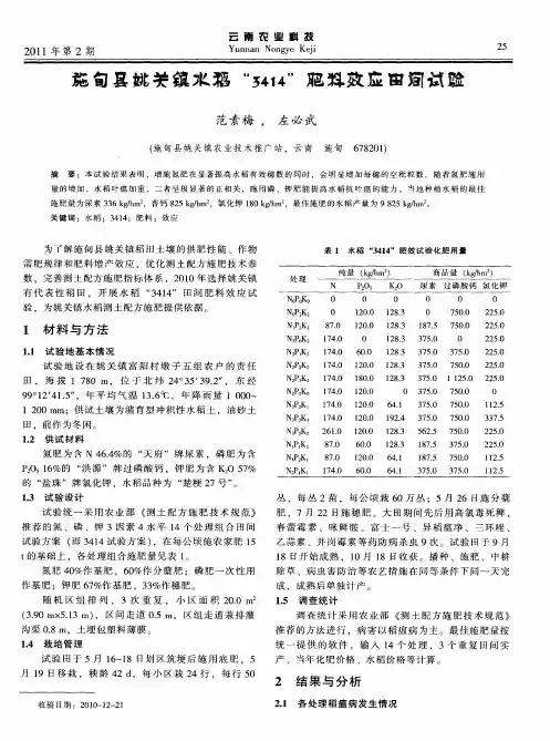 施甸县姚关镇水稻“3414”肥料效应田间试验