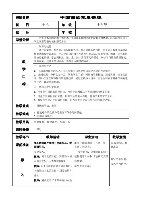 人美版七年级美术下第7.课中国画的笔墨情趣课程教学设计