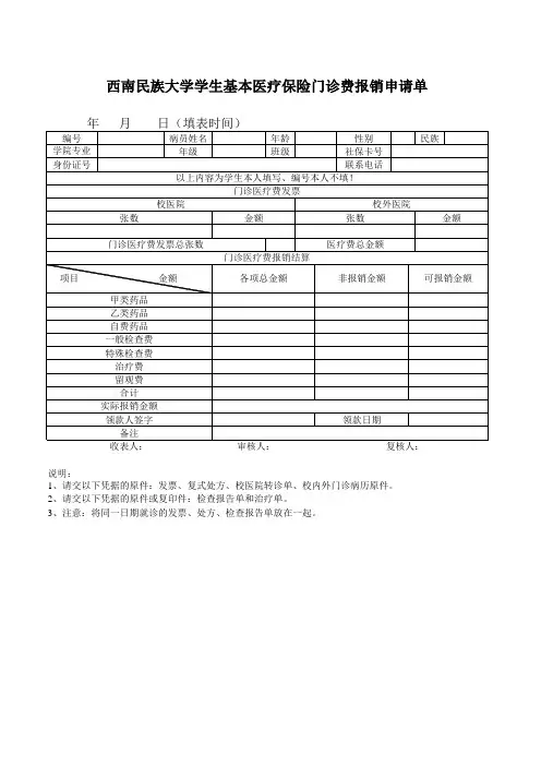 西南民族大学学生基本医疗保险门诊费报销申请单