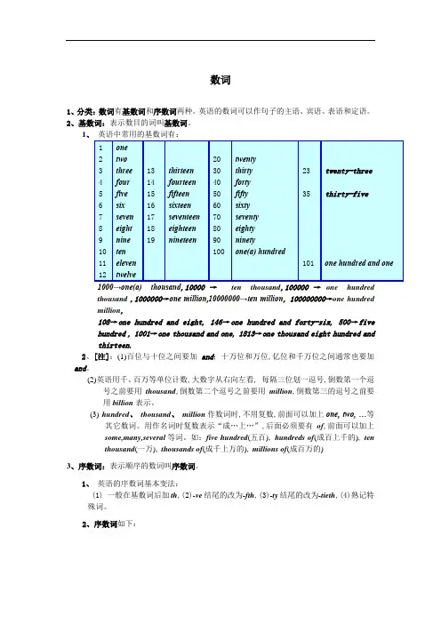 初中英语 中考复习--数词的总结归纳与练习
