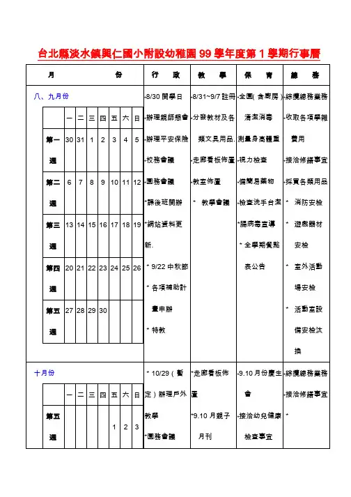 台北县淡水镇兴仁国小附设幼稚园99学年度第1学期行事历