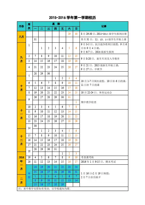 淮南师范学院2015-2016学年校历