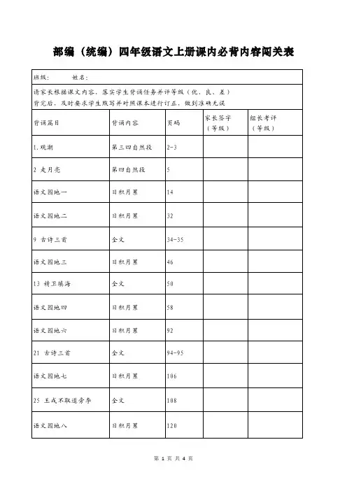 部编(统编)四年级语文上册课内必背内容闯关表
