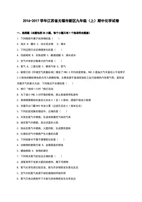 江苏省无锡市新区2017届九年级(上)期中化学试卷(解析版)