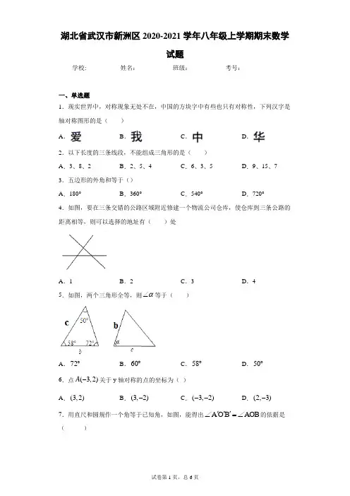 湖北省武汉市新洲区2020-2021学年八年级上学期期末数学试题及参考答案