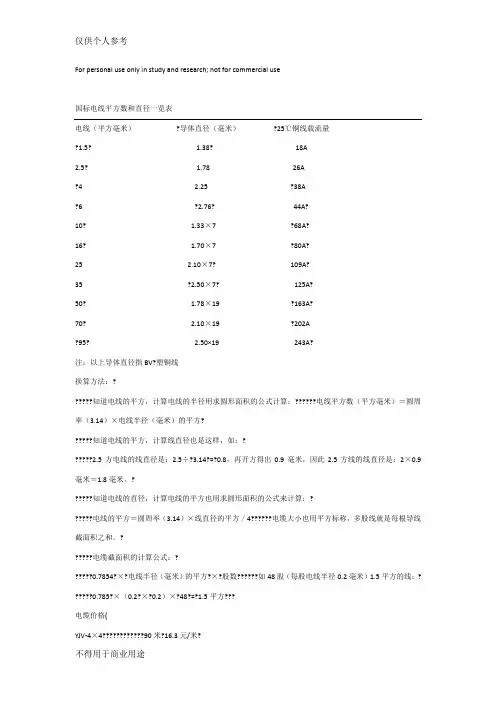 国标电线平方数和直径一览表