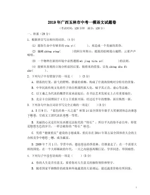 2019年广西玉林市中考一模语文试题卷附答案解析