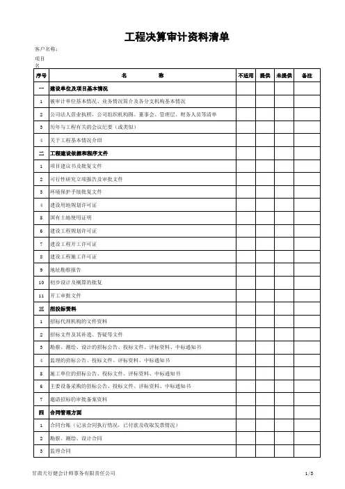 工程决算审计资料清单(业主、财务)