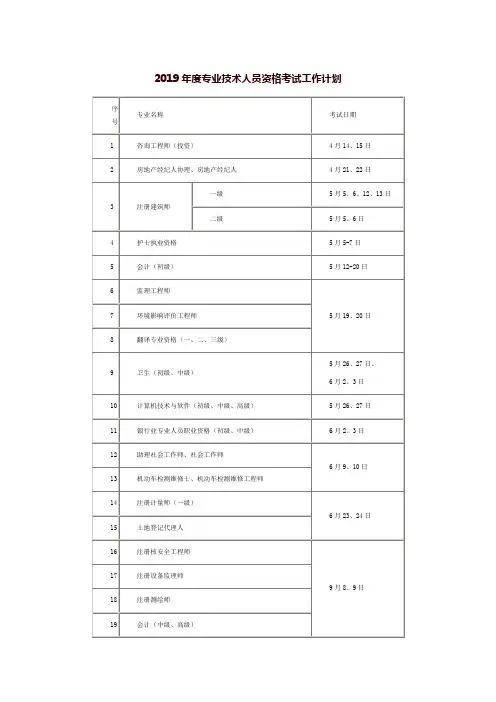 2019年度专业技术人员资格考试工作计划
